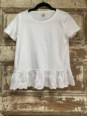 J. Crew Factory White Short Sleeve Tee with Eyelet Ruffle Hemline, XS